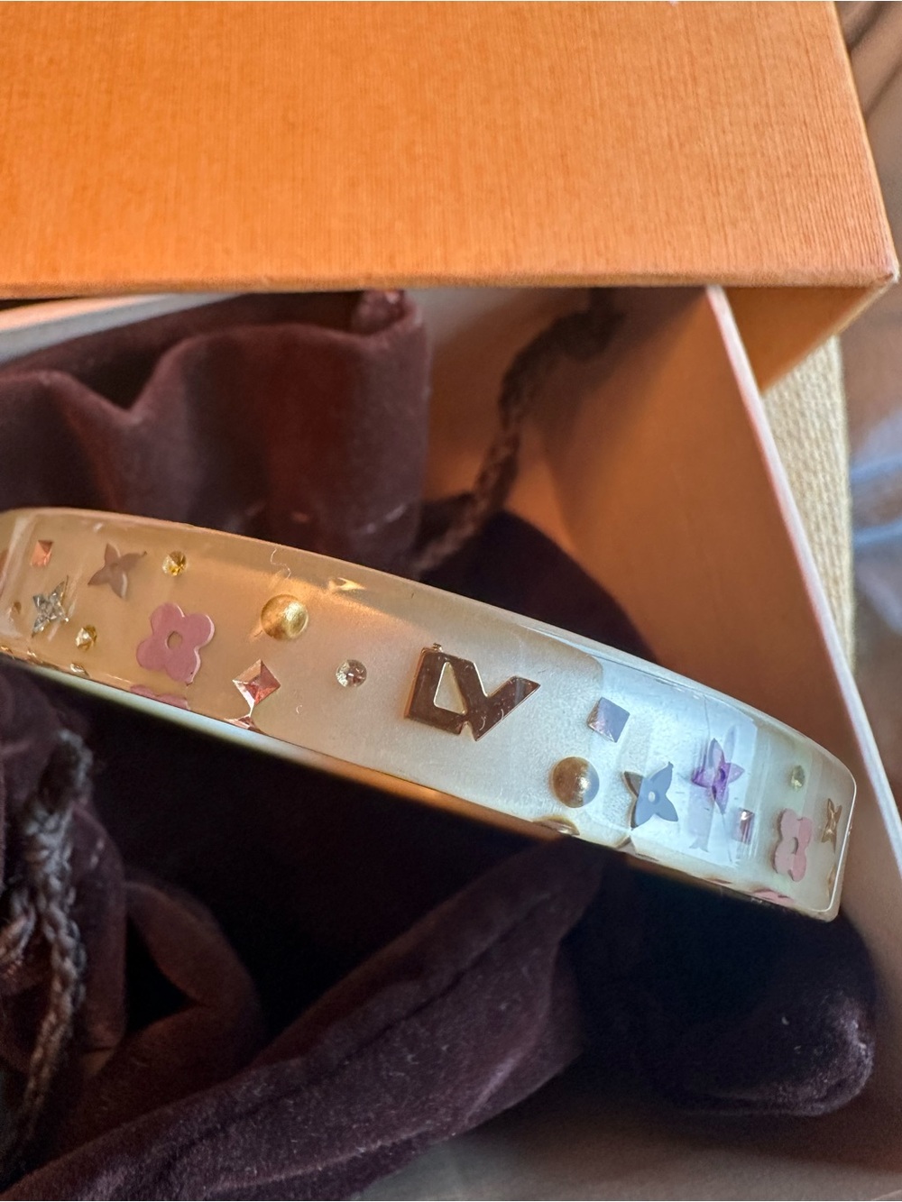 Louis Vuitton White Enamel Monogram Bangle with Pink & Purple Accents